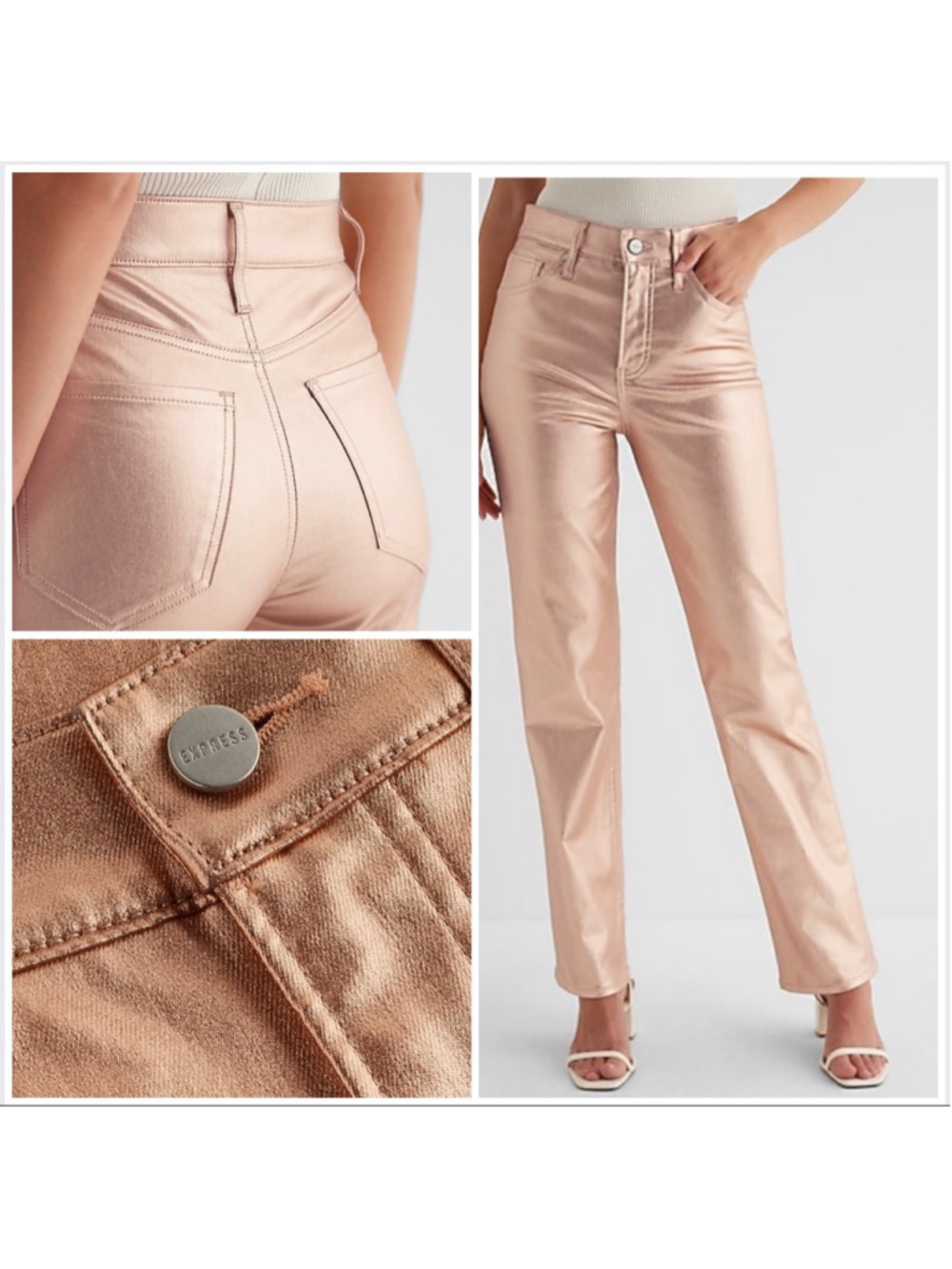 NWOT Express Rose Gold Metallic Modern Straight High Rise Jeans 0